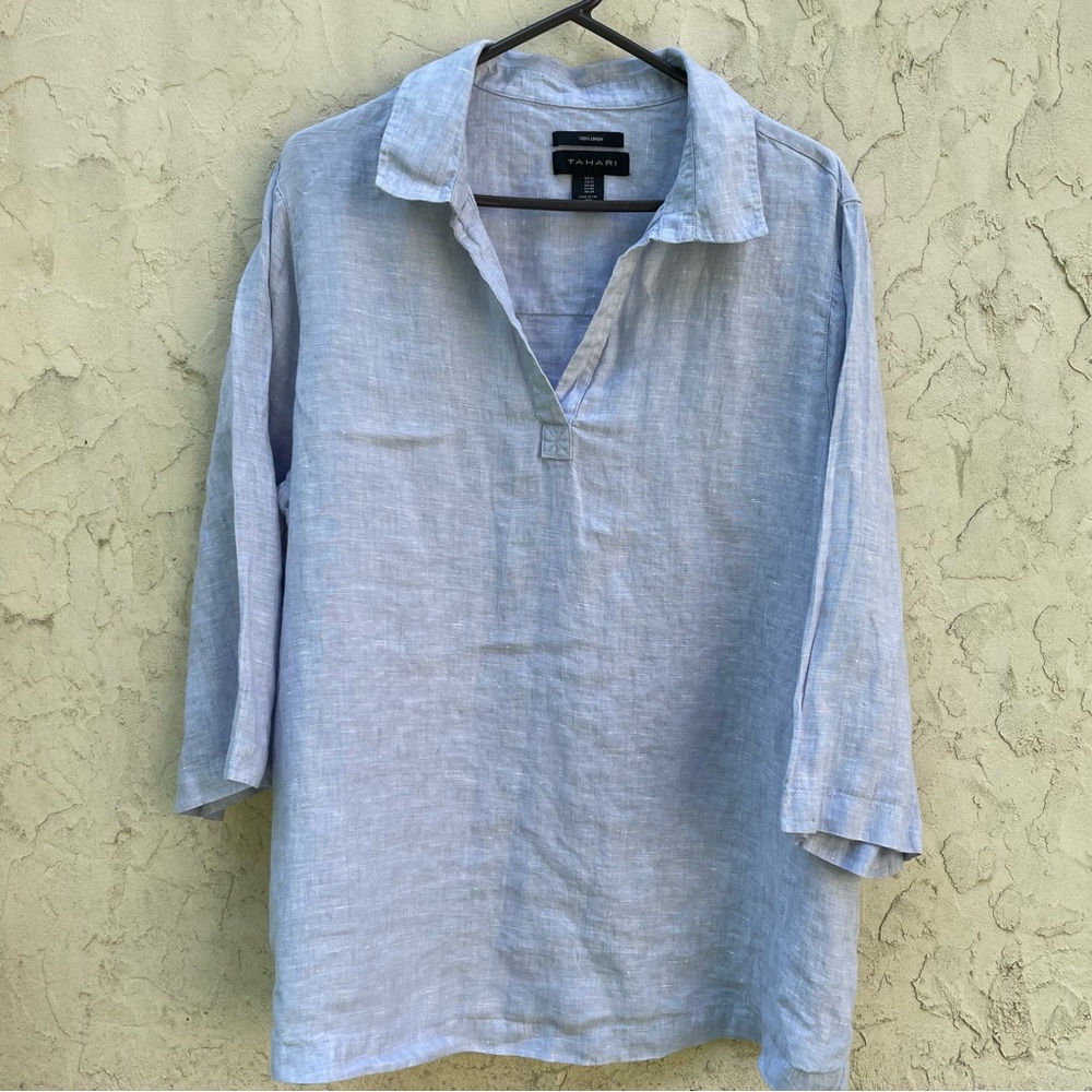 Tahari Women's 1X Blue 100% Linen Popover Lagenlook Minimalist Coastal Tunic Top